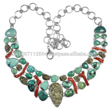 Coral Turquesa y piedras preciosas de pirita con 925 Collar hecho a mano de plata esterlina